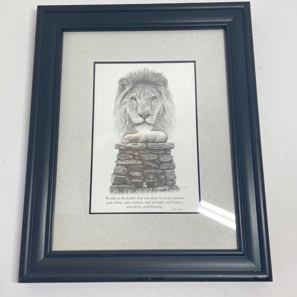 Lion & Lamb Framed Religious Artwork By Sue Christmas 1992 Rev 5:12 Bible Verse - Picture 1 of 11